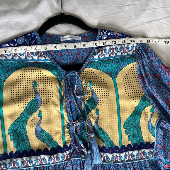 R. Vivimos Boho Festival Midi Blue/Yellow Peacock Print Dress Womens Sz L EUC - Picture 11 of 15